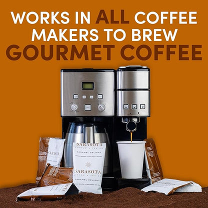 Coffee Packets – Salted Caramel Flavored Ground Coffee Packs | Gourmet Medium Roast, Low Acid Mold Free Pre-Measured Pouches for 12 Cup Brewers | 2 oz Single-Pot Bags, 36 Count – Sarasota Coffee