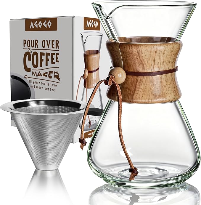 AGOGO Pour Over Coffee Maker Glass - 6/8/10 Cup Barista Kit with 304 Stainless Filter for Home, Office, Camping, Cafes - Easy Clean Coffee Dripper Set (Rag&Brush Included) (8 Cup/28 oz-Slim Shape)