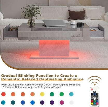 Grey Led Coffee Table with 2 Storage Drawers for Living Room, Living Room Table Rectangular Center Table, Modern High Glossy Wooden Coffee Tables with Lights for Dining Reception Room