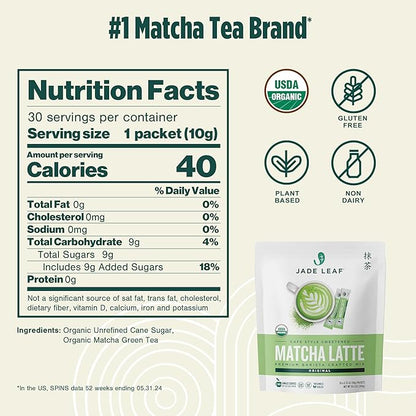 Jade Leaf Matcha Organic Cafe Style Sweetened Matcha Latte Green Tea Powder, Premium Barista Crafted Mix - Authentically Japanese, 30 Count (0.35 Ounce Stickpacks)
