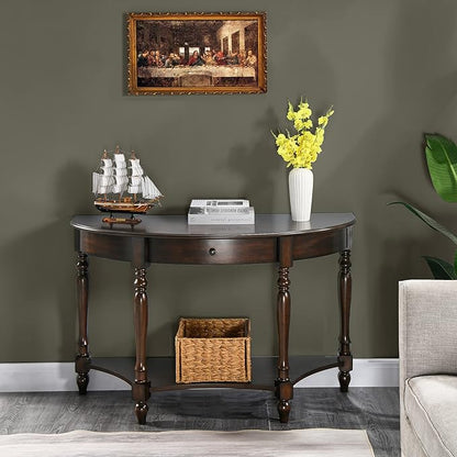 Solid Wood Console Table with Drawer and Storage Shelf, 45.3" Traditional Retro Semi-Circle Entryway Table Polished Edging Half-Moon Narrow Tables for Living Room Hallway Home, Vintage Walnut