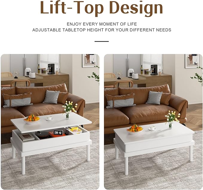 Shintenchi Coffee Table, Lift Top Coffee Table with Hidden Compartment, Rising Tabletop Dining Table, Lift Top Coffee Center Table for for Living Room, Office, Home (White)