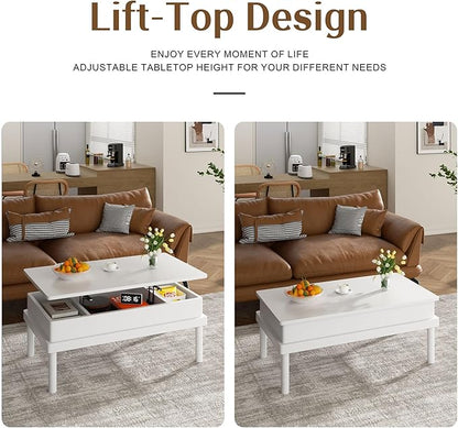 Shintenchi Coffee Table, Lift Top Coffee Table with Hidden Compartment, Rising Tabletop Dining Table, Lift Top Coffee Center Table for for Living Room, Office, Home (White)