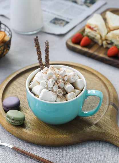 Teocera 24 oz Soup Bowls with Handles, Porcelain Large Coffee Mug Set, Jumbo Mugs, Soup Bowls Mugs set of 4 for Coffee, Oatmeal, Stew - Striped Design, Turquoise