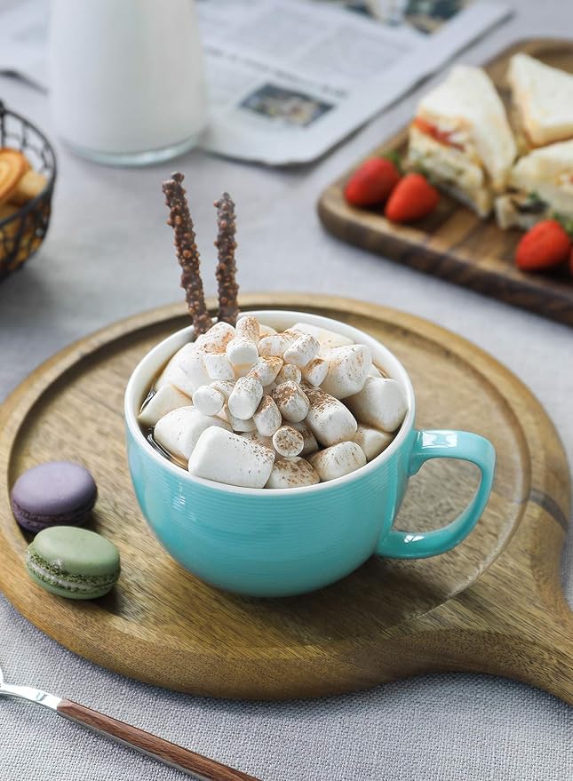 Teocera 24 oz Soup Bowls with Handles, Porcelain Large Coffee Mug Set, Jumbo Mugs, Soup Bowls Mugs set of 4 for Coffee, Oatmeal, Stew - Striped Design, Turquoise