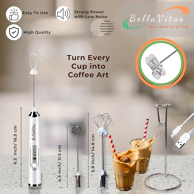 Rechargeable Handheld Milk Frother, Coffee Frother Wand with Stand and 2 Stainless Steel Whisks, Portable Mixer and Foamer, 3 Speed Whisk for Latte, Cappuccino, Matcha, Cocoa, Eggs, White-1