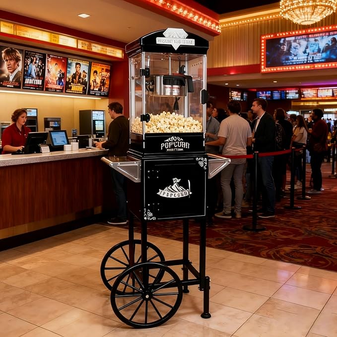 10oz Popcorn Machine with Cart, Wheels & Stainless Steel Kettle, Vintage Movie Theater Style, Popcorn Maker Machine for Parties, Events, Home & Commercial Use, Black