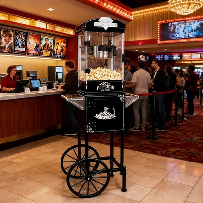 10oz Popcorn Machine with Cart, Wheels & Stainless Steel Kettle, Vintage Movie Theater Style, Popcorn Maker Machine for Parties, Events, Home & Commercial Use, Black