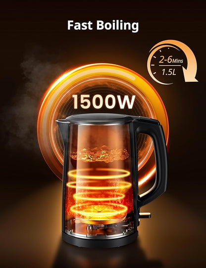 COMFEE' Electric Kettle and Tea Kettle, 1.5L Double Wall, Stainless Steel Interior, Lid & Spout, Fast Boil, Auto-Off, and Boil-Dry Protection, 1500W