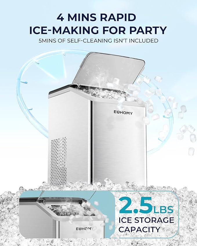 EUHOMY Nugget Ice Maker Countertop, Max 40lbs/Day, Auto-Cleaning, 2Qt Reservoir, Compact Sonic Ice Maker with 2.5lbs Basket and Scoop, Soft Chewable Nugget Ice for Home/Party/RV/Camping (Stainless)