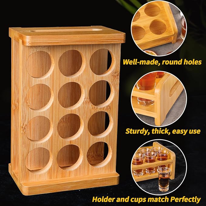 Shot Glasses and Holder Mini Shot Glasses Set 0.5oz-0.66oz / 15ml-20ml Set of 12 Shot Glass Stand Tray Clear Glass for Party Club Bar Home Restaurant Kitchen Barware Glassware Drinking Tool