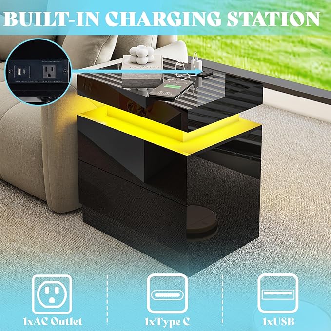 AMERLIFE High Gloss 3 Pieces Living Room Table Set, Modern LED Coffee Table Sets of 3, 2-Tier Center Table with 2 End Side Tables, LED Lights Bedside Table Nightstands with Charging Station, Black