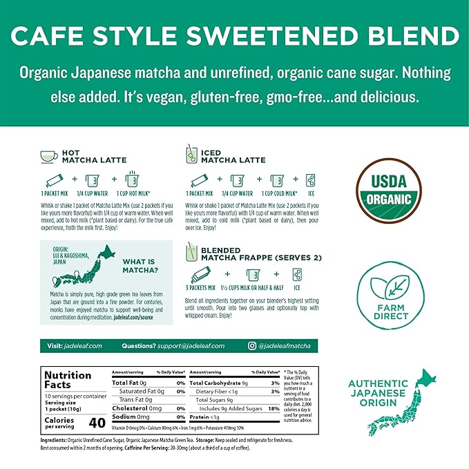 Jade Leaf Organic Matcha Latte Mix - Cafe Style Sweetened Blend - Sweet Matcha Green Tea Powder - 100ct Single Serve Stick Packs