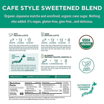 Jade Leaf Organic Matcha Latte Mix - Cafe Style Sweetened Blend - Sweet Matcha Green Tea Powder - 100ct Single Serve Stick Packs