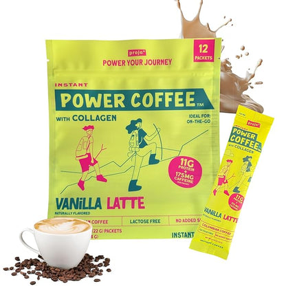 Projo* Power Coffee – Instant Coffee with 11g Protein – Grass-Fed Hydrolyzed Bovine Collagen & 175mg Caffeine – Vanilla Latte Flavor – Organic – Energy Support – 12 Single-Serve Packets