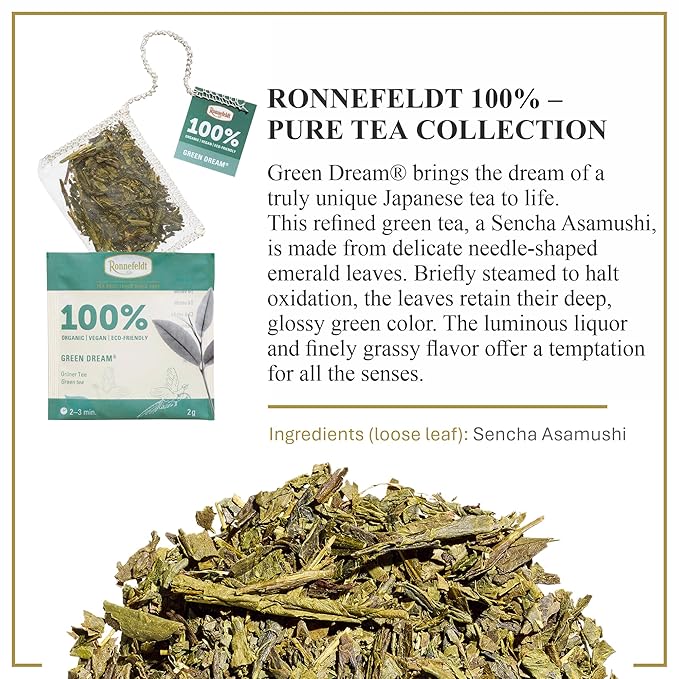 Ronnefeldt 100% Green Dream – Japanese Sencha Asamushi Green Tea – Loose Leaf in 15 Individually Wrapped Bags – Smooth & Refreshing – Caffeine Boost – German Tea Brand
