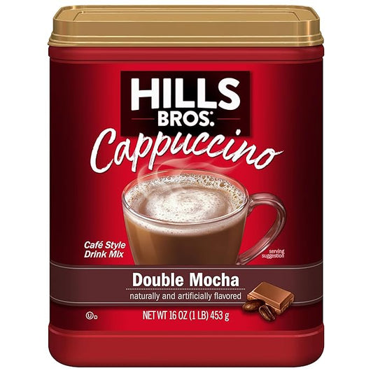 Hills Bros Instant Double Mocha Cappuccino Mix, Easy to Use, Enjoy Coffeehouse Flavor from Home, Frothy, Rich Chocolate, Brown, 16 Oz
