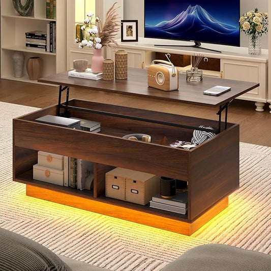 HOMMPA Modern Lift Top Coffee Table with Storage for Living Room LED Coffee Table Wodden Lift Tabletop Dining Table with Hidden Compartment and Metal Frame, Walnut