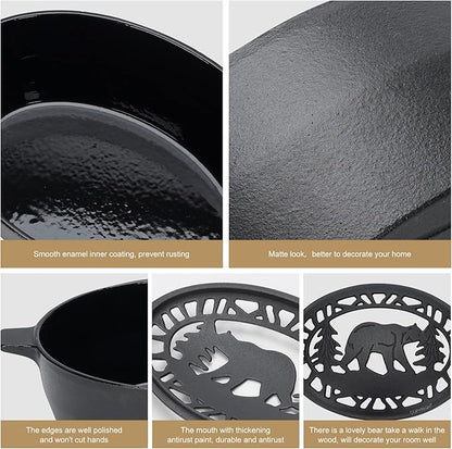 Wood Stove Steamer 2.5 Quart, Wood Stove Humidifier with Decorative Bear Pattern, Cast Iron Steamer for Wood Stove Rust Resistant Matte Black