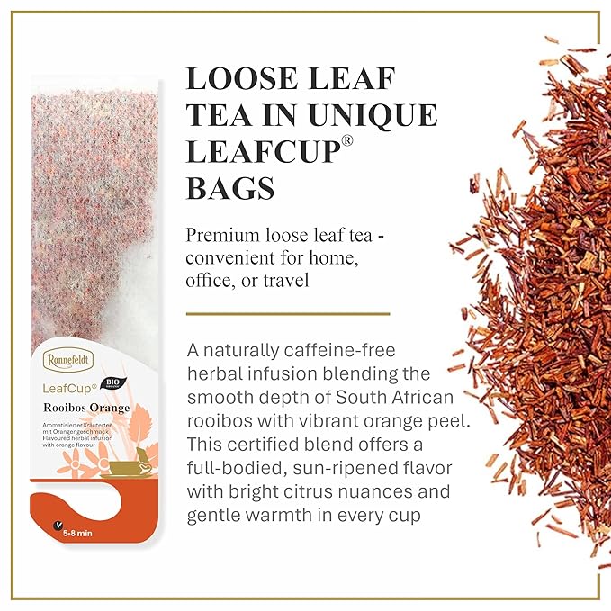 Ronnefeldt LeafCup Rooibos Orange Chai – Naturally Caffeine-Free Red Herbal Tea with Natural Orange Flavoring – Set of 6 Boxes – 90 Individually Wrapped Loose Leaf Tea Bags – Packed in Germany