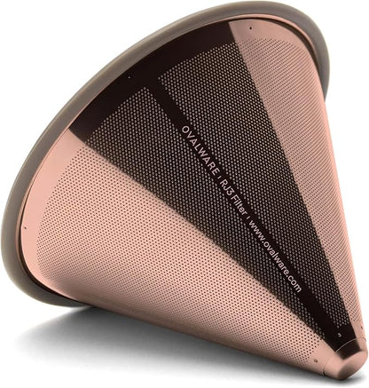 OVALWARE Paperless Stainless Steel Pour Over Coffee Filter – Reusable and Permanent Coffee Cone Dripper for Ovalware, Chemex, Hario and Other Carafes (Titanium Rose Gold)