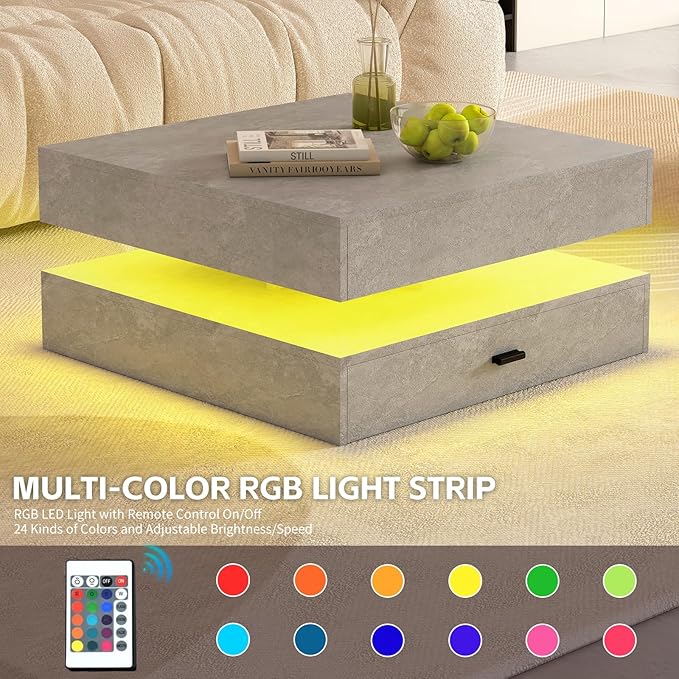Grey LED Coffee Table for Living Room, 2-Tier Living Room Table Square Center Table, Modern Coffee Tables with Storage, Middle Wooden Tea Tables for Home Office