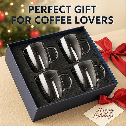 Set of 4 Double Walled Glass Coffee Mugs with Handles, 12oz Clear Coffee Mugs for Hot/Cold Beverages, Insulated Borosilicate Glass Cups for Cappuccino, Espresso, Latte, Tea, Milk, Microwave Safe