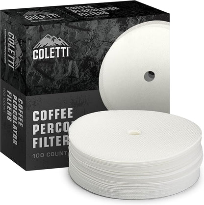 COLETTI Percolator Coffee Filters — Disc Coffee Filters For Percolators – For Bozeman, Butte, & Scoutmaster Camping Coffee Pot – Medical Grade Fiber, Perfectly Tasteless [100 pack, Synthetic, 3.75”]
