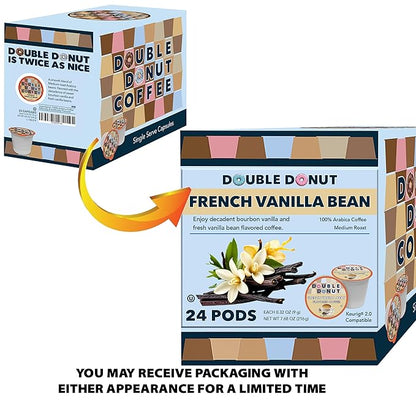 Double Donut Coffee French Vanilla Coffee Pods, Vanilla Bean Flavored in Recyclable Single Serve Vanilla Pods for the Keurig K Cups Coffee Makers, Medium Roast, from Double Donut - 24 Count