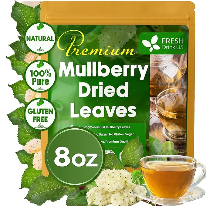 FreshDrinkUS, Permium 8oz Mulberry Leaves, 100% Natural & Pure from Mulberry Leaves, Loose Leaf Herbal Tea, No Additives, No Caffeine, Vegan