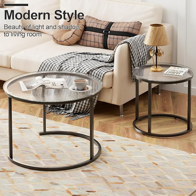 aboxoo Gold Nesting Coffee Table Set of 2, Small Glass Round Nesting Tables for Living Room Bedroom, Accent Tea Table with Black Metal Frame Modern Industrial Simple