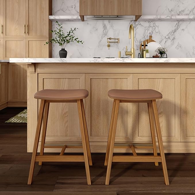 Plank+Beam Beryl Counter Height Stool - Mid-Century Modern Rubberwood Bar Stool with Faux Leather Seat, Metal Footrest, Easy Assembly, 2-Pack, Pecan/Toffee