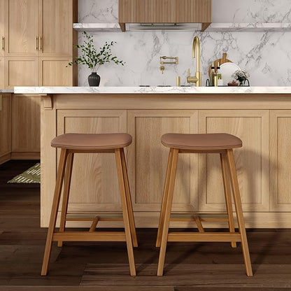 Plank+Beam Beryl Counter Height Stool - Mid-Century Modern Rubberwood Bar Stool with Faux Leather Seat, Metal Footrest, Easy Assembly, Pecan/Toffee