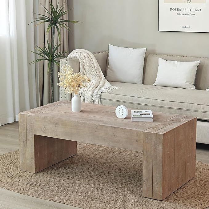 Natural Wood Coffee Tables for Living Room, Rectangle Cocktail Table Wooden Room Table, Rustic Coffee Table for Office and Apartment