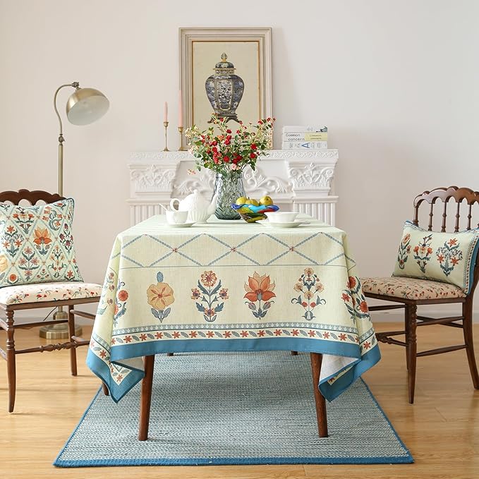 Designer Linen Floral Extra Long Rectangle Tablecloth,Light Green Farmhouse Durable Table Cloth,Washable Decor Tablecloths for Dining Kitchen Thanksgiving Christmas,63"*110"-Floralsea B