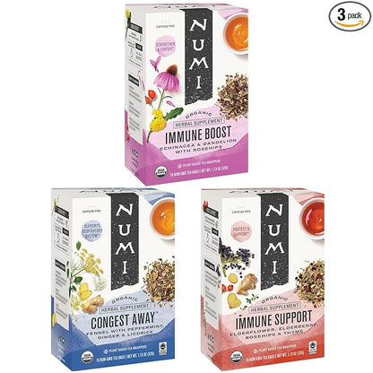 Numi Organic Tea Immunity Variety Pack, 16 Tea Bags (Pack of 3), Elderberry and Echinacea Tea