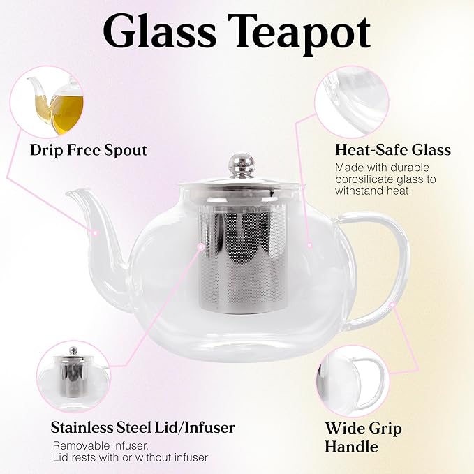 40 Oz Unique Glass teapot Set with 4 double wall insulated Cups, Tea Kettles for Stovetop With Infusers For Loose Tea, Perfect Mom Gift