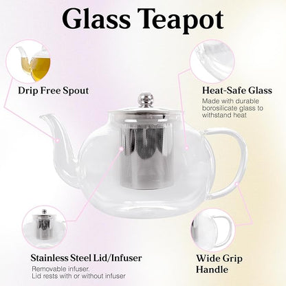 40 Oz Unique Glass teapot Set with 4 double wall insulated Cups, Tea Kettles for Stovetop With Infusers For Loose Tea, Perfect Mom Gift