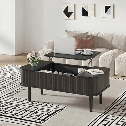 Coffee Table Lift Top, Fluted Coffee Table with Storage, Black Coffee Tables for Living Room, Modern Center Table with Metal Legs
