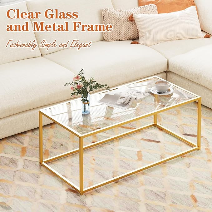 Glass Coffee Table for Living Room, Morden Center Table for Small Space,Simple Tea Cocktail Coffee Table with Clear Glass Top & Metal Frame, Easy Assembly,Gold