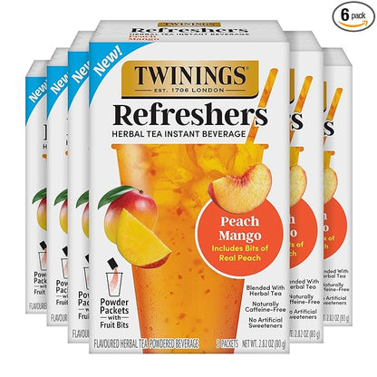 NEW Twinings Peach Mango Refreshers, Herbal Tea Instant Beverage with Real Peach Fruit Bits, 5 Count (Pack of 6), Café Style, No Artificial Sweeteners, Naturally Caffeine-Free Refreshment, 30 Packets
