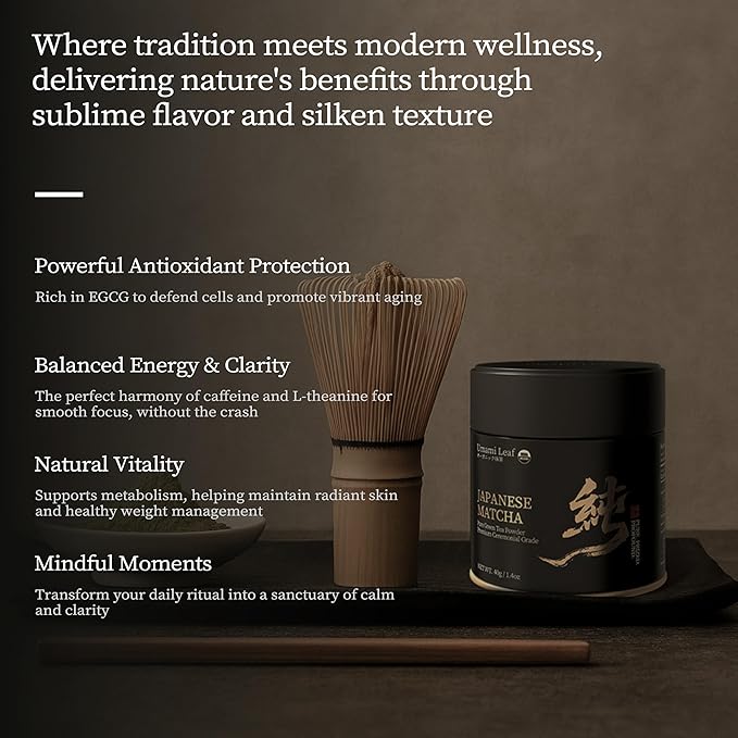 Umami Leaf Organic Japanese Ceremonial Grade Matcha - 100% Pure Green Tea Powder, USDA Certified, First Harvest, Authentic Origin From Uji, Kyoto (40g / 1.4oz Tin)