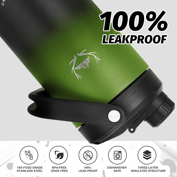 NATURE PIONEOR Insulated Water Bottles with Strap - 64 oz Stainless Steel Vacuum Wide Mouth Bottle with Holder/Carrier/Sleeve - 18/8 Food Grade 64oz Half Gallon Water Jug