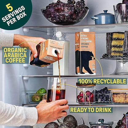 Wandering Bear Espresso Roast Organic Cold Brew Coffee, 32 fl oz, 6 pack - Extra Strong, Bold, Smooth, Unsweetened, Shelf-Stable, Ready to Drink, 100% Organic, Iced Cold Brewed Coffee Drinks