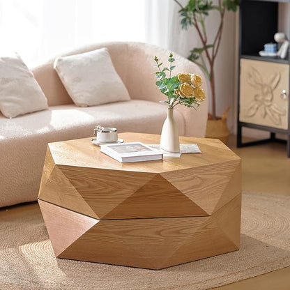 36.61" Modern Drum Coffee Table with Hidden Storage, Farmhouse Coffee Table, Retro Round Coffee Table for Living Room, Office, Nature
