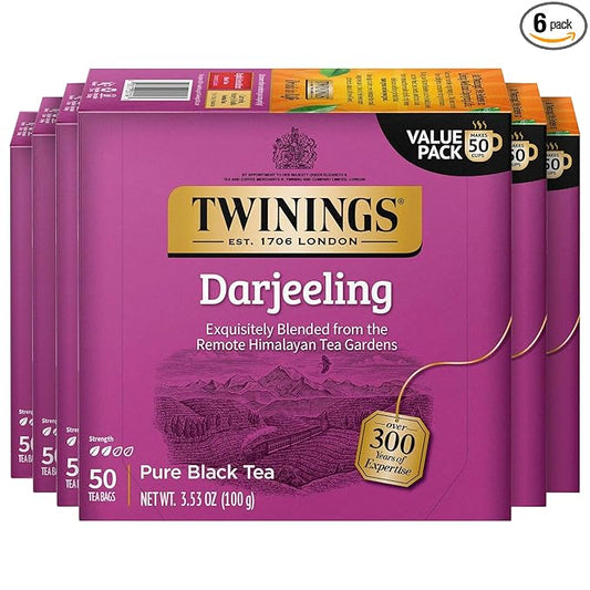 Twinings Darjeeling Black Tea Individually Wrapped Bags, 50 Count (Pack of 6), Delicate Light Taste, Caffeinated, Enjoy Hot or Iced, 300 Teabags