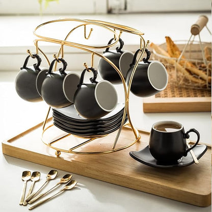 LYEOBOH Espresso Cups with Saucers Set, 3 Ounces Porcelain Coffee Cups with Metal Stand and Spoons, Cappuccino Cups Cute Demitasse Cups for Coffee Drinks, Latte, Tea Set of 6, Black