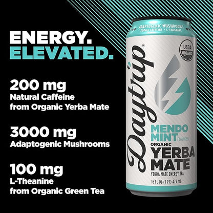 Daytrip Organic Yerba Mate Energy Drink- Clean, Plant Based Caffeine (200mg) with Adaptogenic Mushrooms and Green Tea for Focus and Brain Fog - Low Calorie, Low Sugar (12 Pack Case)