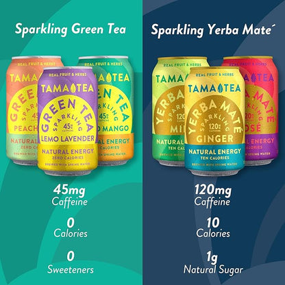 Sparkling Ginger Yerba Mate by Tama Tea - Unsweetened Natural Energy Drink with Real Fruit & Herbs - Healthy Caffeine Drink Alternative - 120mg of Brain-Boosting Caffeine, 10 Calories - 12oz Pack of 12