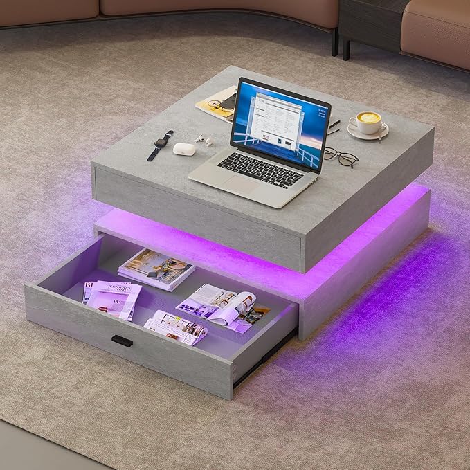 Grey LED Coffee Table for Living Room, 2-Tier Living Room Table Square Center Table, Modern Coffee Tables with Storage, Middle Wooden Tea Tables for Home Office